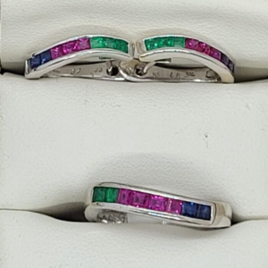 Ladies 18K White Gold Tri Colored Stone Ring & Hoop set